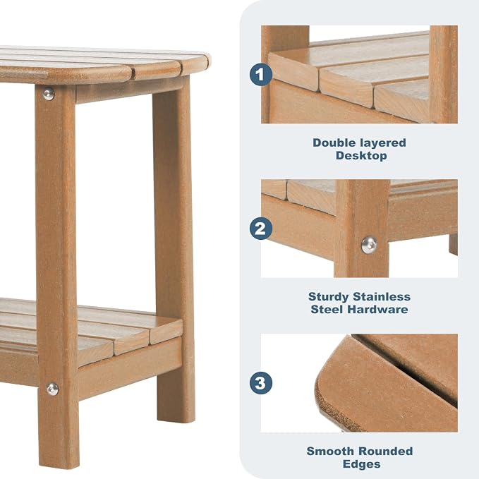 Adirondack Outdoor Side Table, 16.5” HDPE Small Patio Table with Storage Shelf, Weather Resistant End Table for Porch, Pool & Yard (Teak)