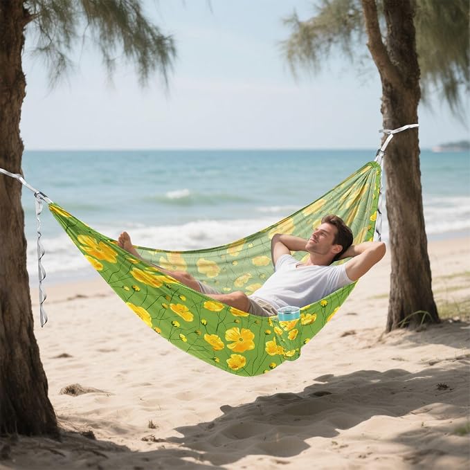 Camping Hammock Outdoor Hammocks for Outside Yellow Buttercups Green Beach Trees Portable Lightweight with Pockets Tree Straps Indoor