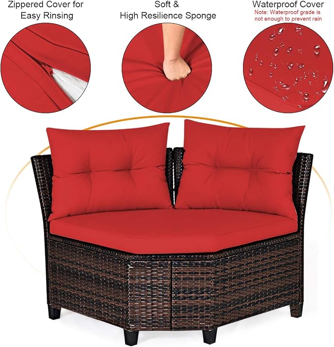 COSTWAY 4-Piece Patio Furniture Set, Wicker Rattan Sofa with Cushions and Coffee Table, Outdoor Sectional Conversation Sofa Set for Poolside Backyard Lawn Backyard (Red)