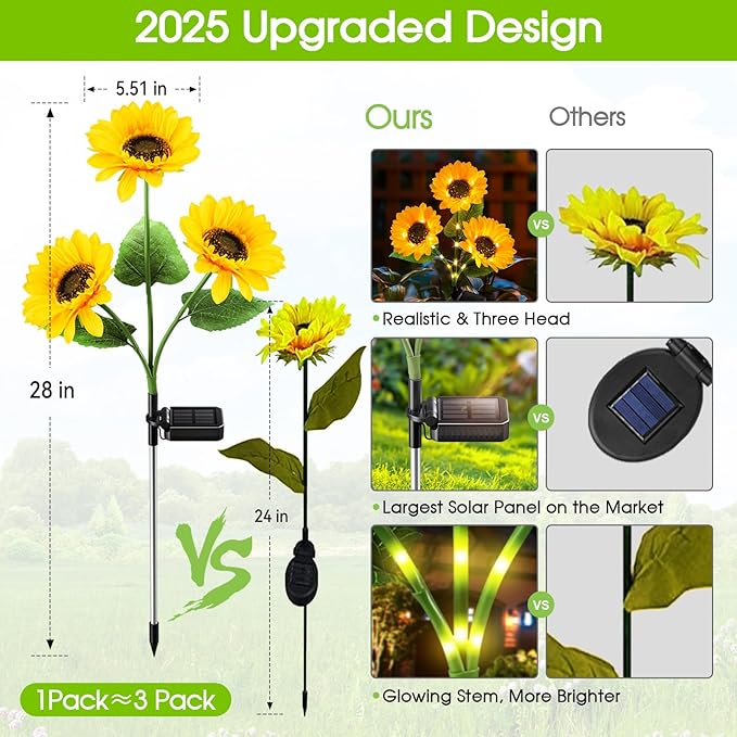 KOOPER Solar Lights Outdoor Garden Decor - Upgraded 3 Pack Solar Garden Lights with 9 Bigger Sunflower Lights, Solar Flowers Outdoor Waterproof for Flower Bed Yard Decor, Gift for Women Mom Grandma