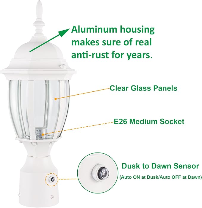 Outdoor Post Light Dusk to Dawn, Rustproof Aluminum, White | Exterior Lamp Post Light Fixture for Garden, Yard, Pathway, Waterproof, Glass, E26 Base, Max 60W