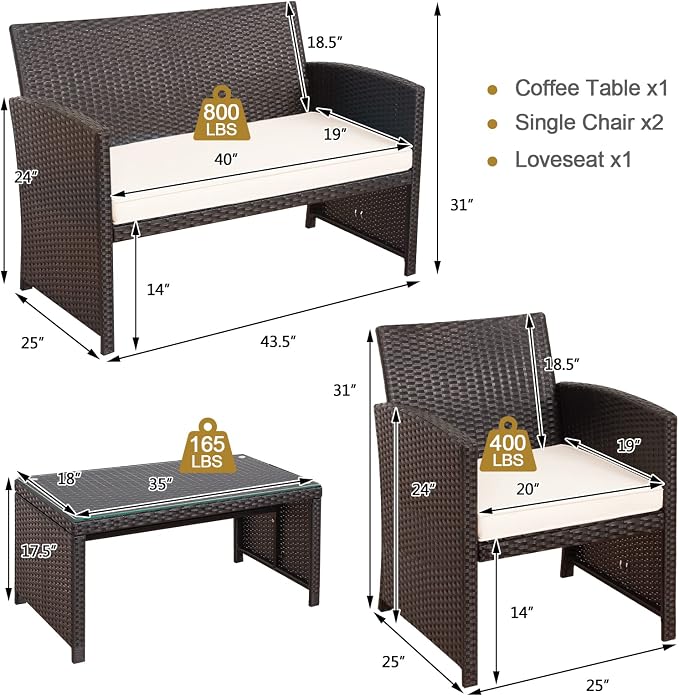 HAPPYGRILL Set of 4 Rattan Conversation Set Outdoor Wicker Furniture Set with Tempered Glass Coffee Table, Soft Cushions, Weather-Resistant Rattan Chair Set for Garden Backyard Poolside