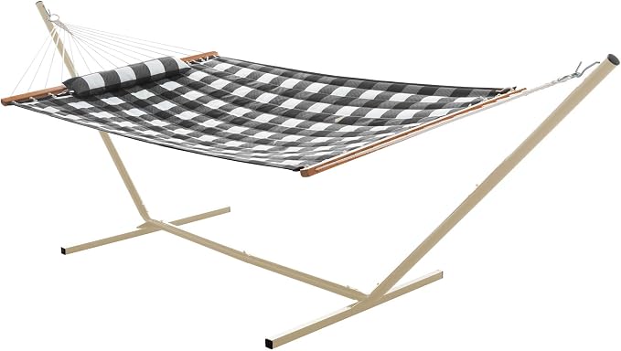 Castaway Living Large 2-Person Quilted Hammock with Stand & Pillow – Buffalo Plaid, 10 ft. L x 52 in. W, 350 lb Capacity, Weather-Resistant Polyester, Portable Space-Saving Frame