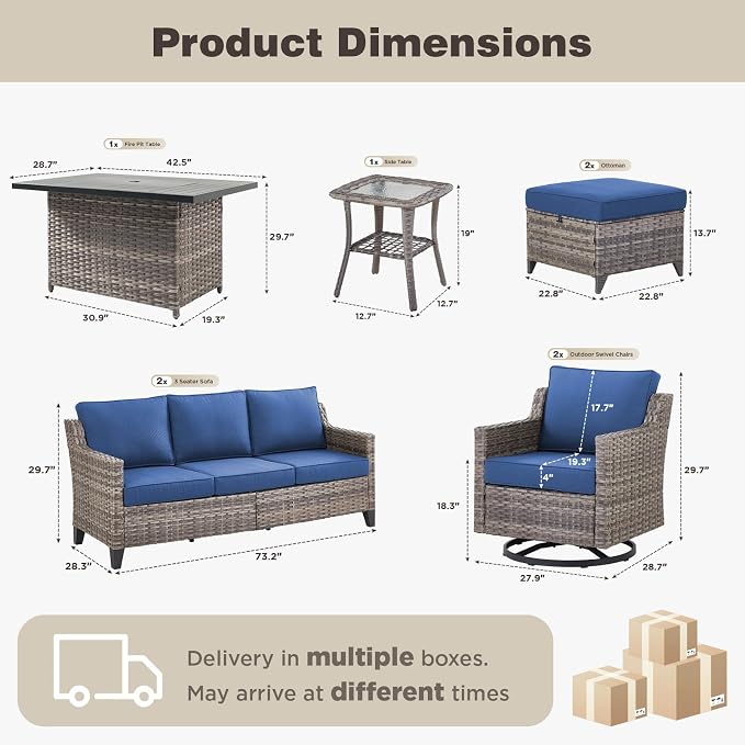 Belord Patio Wicker Swivel Rocker Patio Chairs with 3-Seater Sofa and 42.5" Fire Pit Table, Outdoor Furniture Set for Deck Porch Poolside, 8 Piece Patio Conversation Furniture Set,Blue