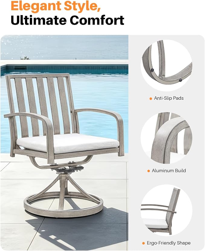 Never Rusts Aluminum Patio Dining Chairs Set of 2, 360°Swivel Outdoor Dining Chairs with Washable Cushions, Deep Seating Swivel Chairs Patio Furniture Set for Deck, Balcony, Garden, Poolside
