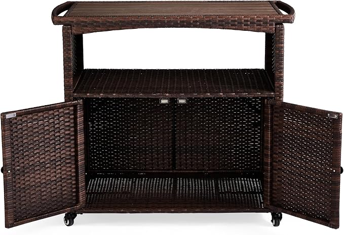 VINGLI Wicker Outdoor Bar Cart with Storage & Rolling Wheels, Patio Bar Table w/Shelf, Outdoor Storage Cabinet Buffet Cabinet Grill Cart for BBQ Pool Patio Kitchen, Brown