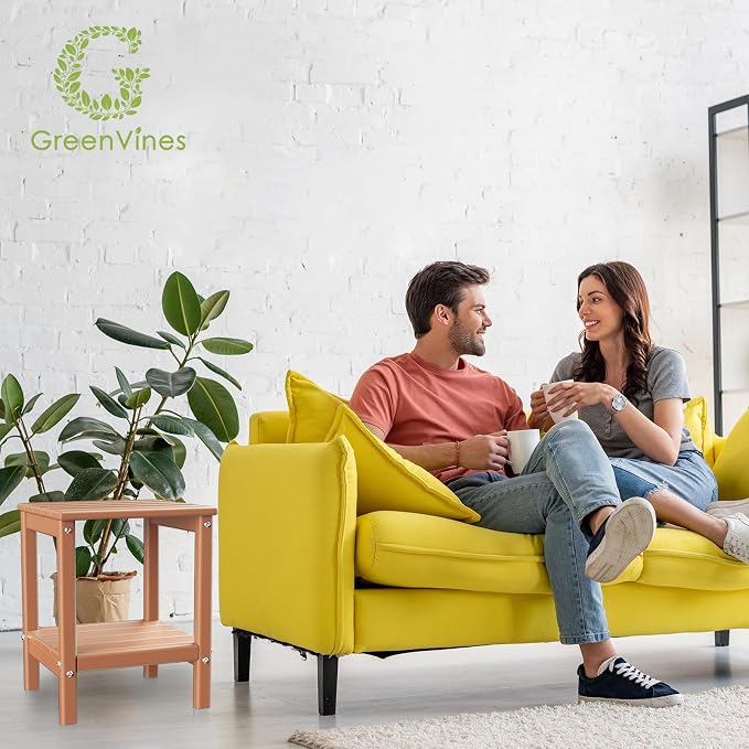 GREENVINES Adirondack-Outdoor-Side-Table | Set of 2 | 14 x 13 Inches | HDPE Plastic | All Weather | Teak | Outside End Tables | Storage Shelf | for Patio Porch Backyard Indoor
