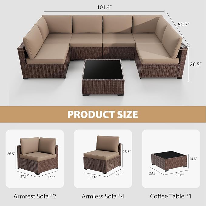 KIGOTY 7-Piece Patio Furniture Set, All-Weather PE Rattan Outdoor Sectional Sofa, Modular Wicker Conversation Set with Thick Cushions & Easy-Clean Coffee Table（Brown/Camel）