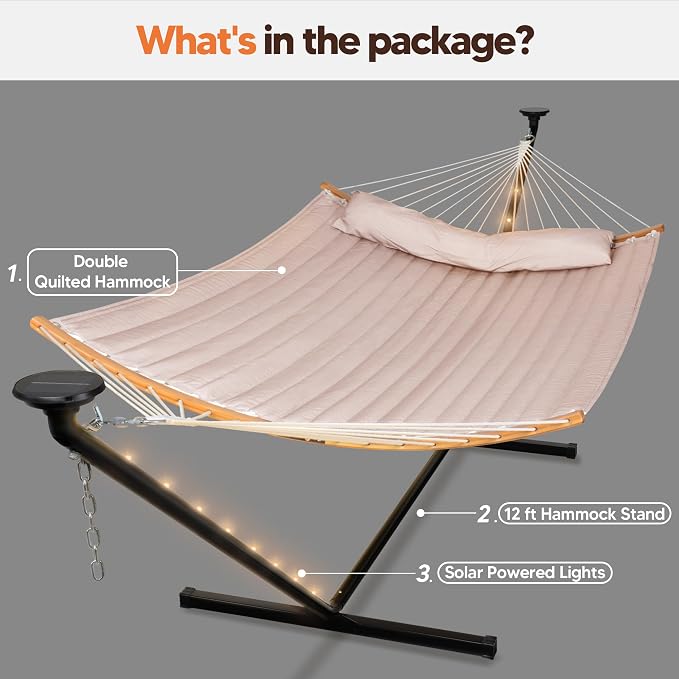 SUNCREAT Hammocks Outdoor 2 Person Hammock with Solar Powered Lights, Double Hammock with 12 ft Stand Included, Tan