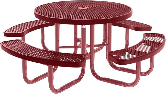 COATEDOUTDOORFURNITURE Heavy-Duty Portable Outdoor Picnic Table with Umbrella Hole, Expanded Metal Commercial-Grade Patio Furniture Made in America (46" Round Top, Burgundy with Burgundy Frames)