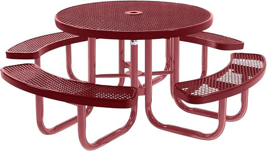 COATEDOUTDOORFURNITURE Heavy-Duty Portable Outdoor Picnic Table with Umbrella Hole, Expanded Metal Commercial-Grade Patio Furniture Made in America (46" Round Top, Burgundy with Burgundy Frames)