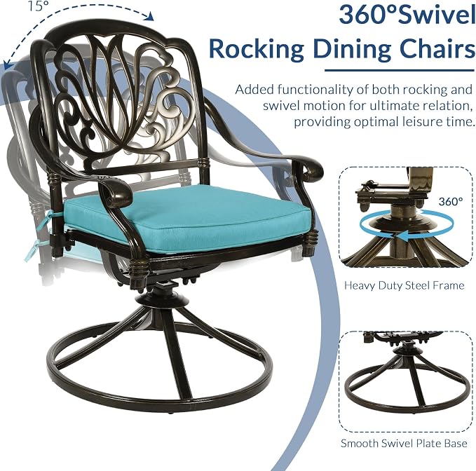 9-Piece Patio Cast Aluminum Dining Set, Outdoor Dining Furniture Set for 8 Person, Includes 64" Square Table and 8 Swivel Rocker Chairs with Umbrella Hole for Patio Deck Garden, Ocean Blue