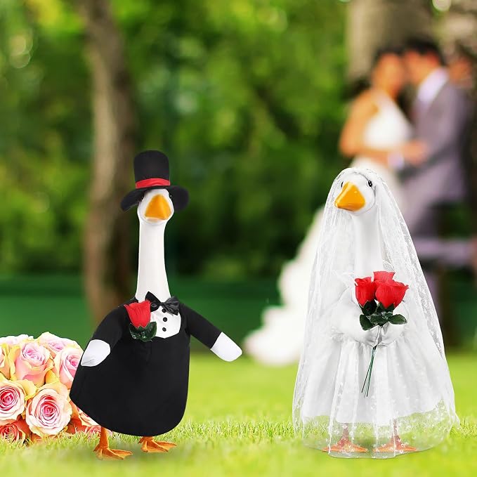 Geyoga 2 Sets Wedding Porch Goose Outfits for 23'' Goose Couple Bridegroom Suit Blazer Bride Wedding Dresses Couple Costume(Flower Style)