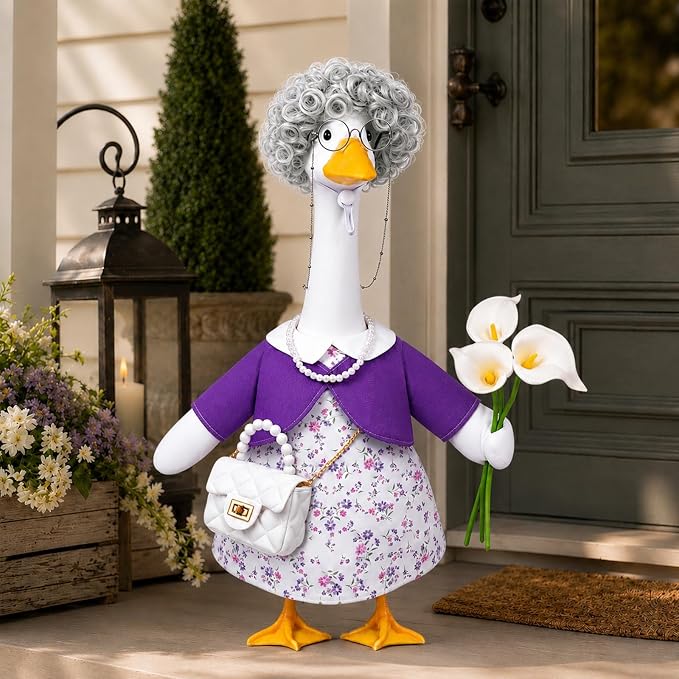 Celltestria Old Lady Goose Outfits Grandma Goose Costume Purple Lily Geese Clothes with Wig Glasses Necklace Bag for 23'' Geese Holiday Outdoor Lawn Patio Yard Garden Decor