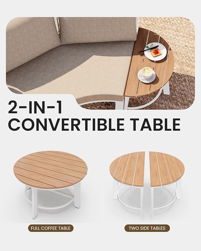 Half Moon Outdoor Patio Furniture Set, Aluminum Curved Patio Conversation Sets, Luxury Outdoor Sectional with PE Rope, All-Weather 7 Pcs Outdoor Couch with Coffee Table & Cushions, White