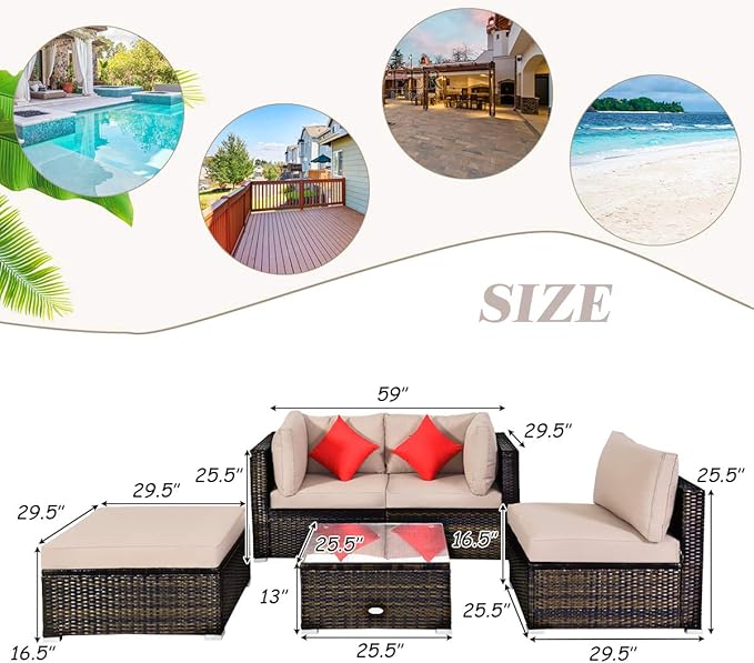 HAPPYGRILL 5 Pieces Patio Conversation Set, Outdoor Rattan Wicker Furniture Set, Sectional Sofa Ottoman Set with Coffee Table, Cushion, Pillow for Garden Lawn Balcony Backyard