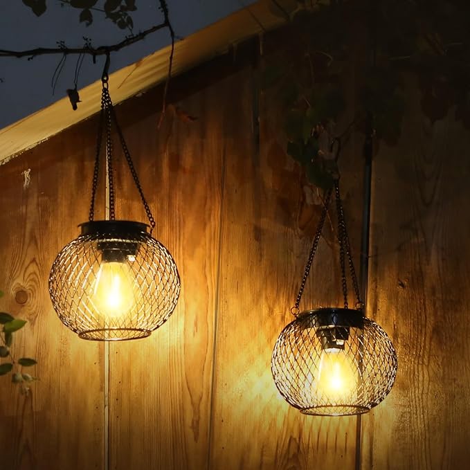 Solar Lantern Outdoor, Upgraded Hanging Lights Outdoor Garden Metal Lanterns Decorative Lighting Powered Waterproof Tree for Yard Patio Pathway, 2 Pack, Black