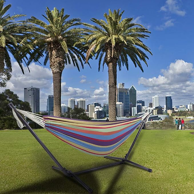 Hammock with Stand, Double Cotton Hammock with Space Saving Steel Stand, Heavy Duty Outside Garden Yard Outdoor 250lb Capacity Standing Hammocks and Portable Carrying Bag