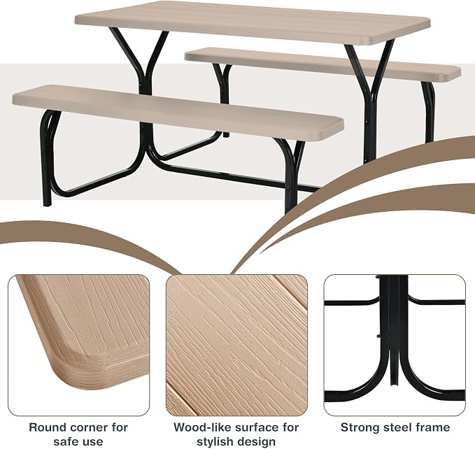 Tangkula Picnic Table Bench Set, Outdoor Picnic Table with 2 Benches, Metal Camping Table with Plastic Wood-Like Texture Tabletop & Steel Frame, Ideal for Picnic, Party, Garden, Lawn (Brown)
