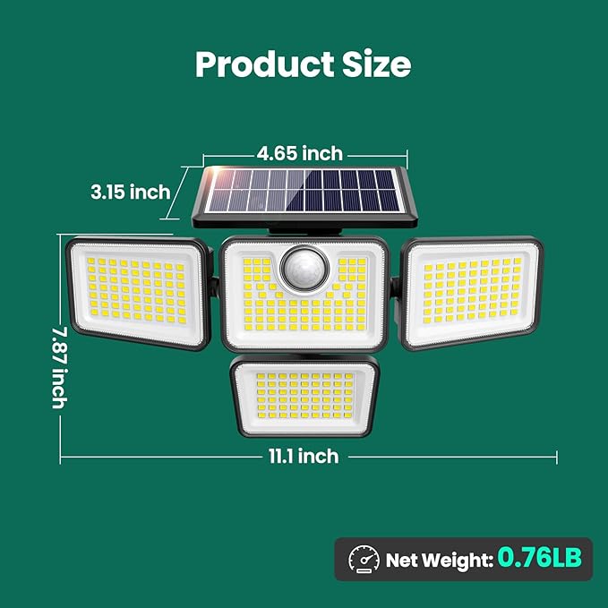 4500LM Solar Lights Outdoor, 4 Adjustable Heads Motion Sensor Lights, 3 Modes, 6500K, IP65 Waterproof Solar Security Wall Lights, Remote Control Flood Lights, Garden, Outside, Backyard, 2 Pack