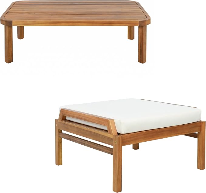 Christopher Knight Home Pony 3 Piece Acacia Wood Patio Conversation Sofa with Coffee Table and Ottoman, Outdoor 3-Seater Sofa Set for Backyard, Outdoor Patio Furniture Set, Teak+Cream+Brown
