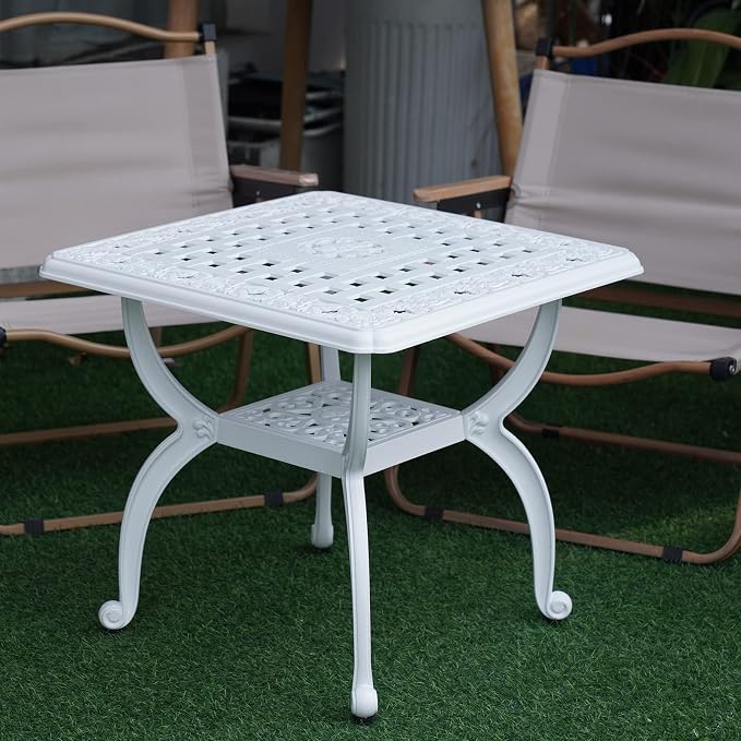 YKSY&YKSY Jardin DE Centennial Cast Aluminum Outdoor Side Table,Anti-Rust Outdoor End Table,Patio Coffee Bistro Table for Indoor,Garden,Porch,Balcony(Square White) 1