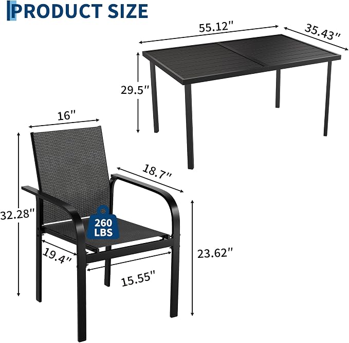 Garvee 7 Piece Patio Dining Set, Outdoor Furniture with 55" Rectangular Iron Table & 6 Textilene Chairs, All Weather Wood-Grain Finish, Suitable for Backyard, Garden, Poolside