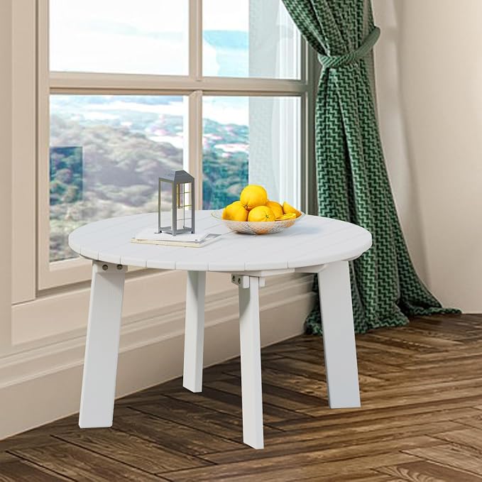 31.5" Outdoor Round Coffee Table, Adirondack Patio Coffee Table, Outdoor Large Side Table for Balcony Lawn (White)
