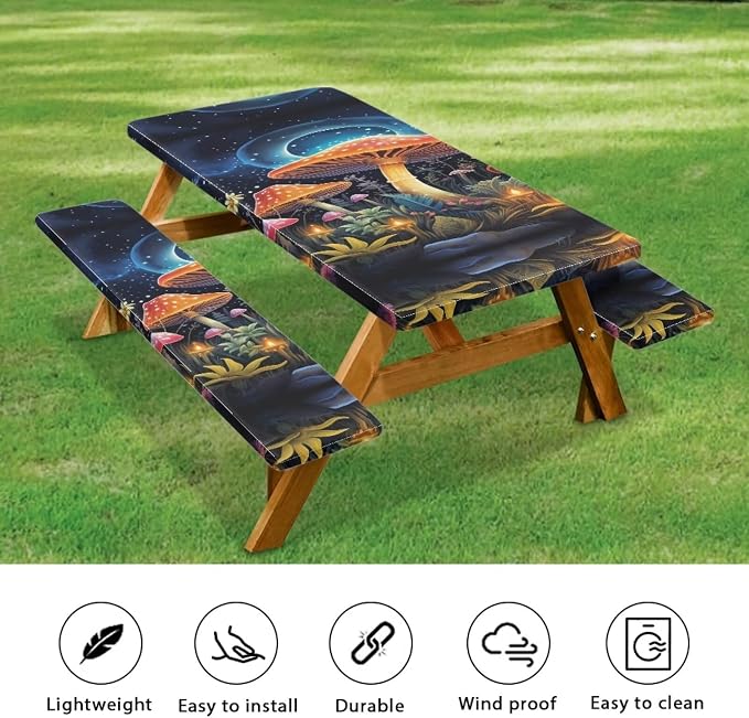 Mushroom Picnic Table Cover with Bench Covers Foldable Camping Table Covers for 6 Foot Tables 3 Pcs Picnic Table Bench Covers Camping Essentials for Camper, 94x30 Inches