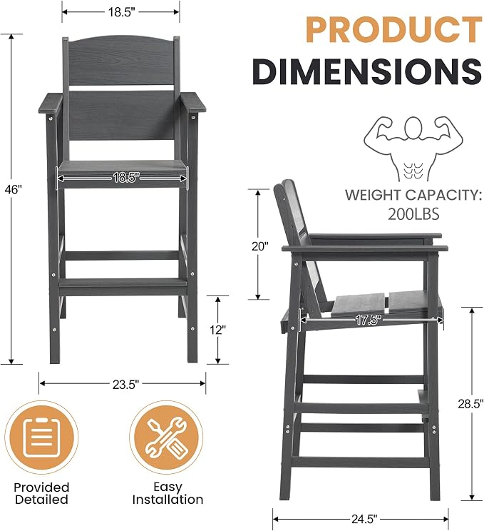 4 Pack Outdoor Bar Stools, HDPE Patio Bar Chairs with Armrests & Footrest, Weather Resistant All-Weather Counter Height Chairs for Outdoor Deck, Backyard, Poolside,Grey