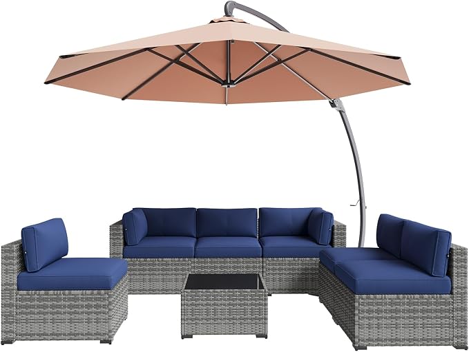 Aoxun Patio Furniture Sets, 8-Piece Outdoor Patio Furniture with 11FT X 11FT Cantilever Umbrella, Wicker Outdoor Conversation Set Sectional Sofa for Backyard, Poolside, Garden
