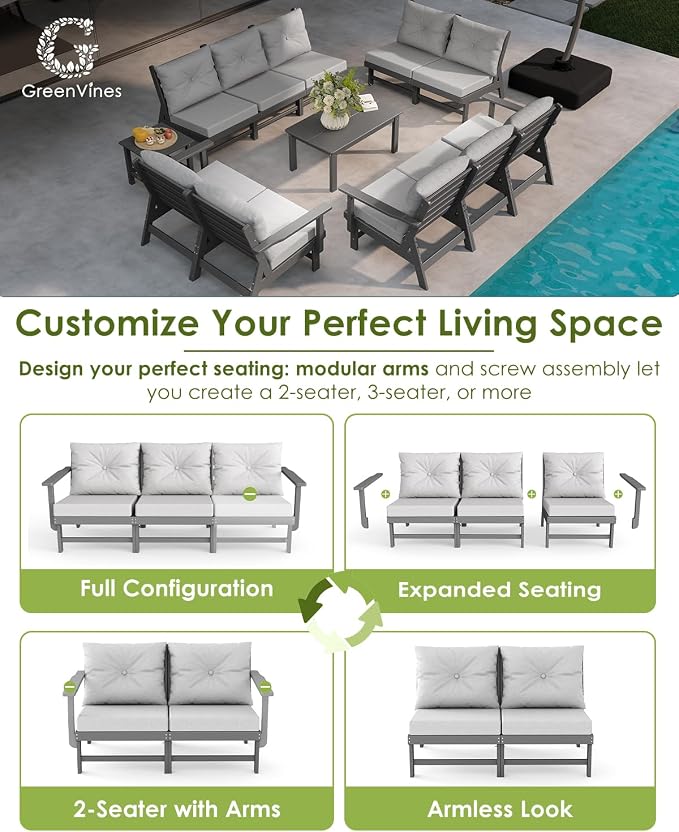 GREENVINES 8-Piece-Patio-Conversation-Set | HDPE Plastic | Outdoor Sectional Furniture Sets | Waterproof Sofa | Couch with Coffee Table & Side Table | Detachable Armrests | for Deck Lawn | Gray