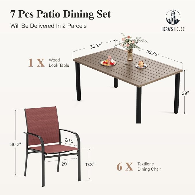 HERA'S HOUSE 7pc Patio Dining Set, Outdoor Wood-Like Metal Table & 6 Chairs | Red textilene chairs + 60" rectangle table with umbrella hole. Waterproof, rust-resistant, all-weather for deck, garden
