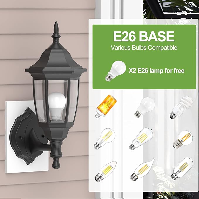 EMART Plastic Outdoor Wall Light Fixtures, Porch Sconces(2 Pack, Black) | Include Bulbs, Waterproof and Anti-Corrosion, Wall Mount for Outside, Garage, Front Door, House, Patio