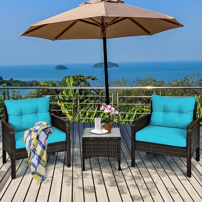 Tangkula 3 Piece Wicker Chairs with Glass Top Coffee Table, Thick Cushions, All Weather Garden Lawn Poolside Backyard Porch Outdoor Patio Furniture Set for 2 (Turquoise)