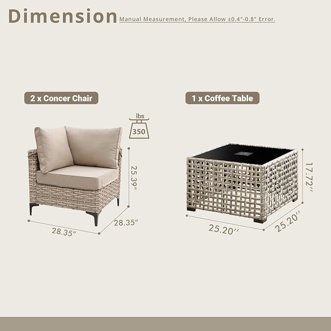 3 Pieces Patio Sectional Furniture Set, Outdoor Wicker Sectional Couch with Solar Lights Table, Modern Conversation Set for Porch Balcony Backyard, Beige
