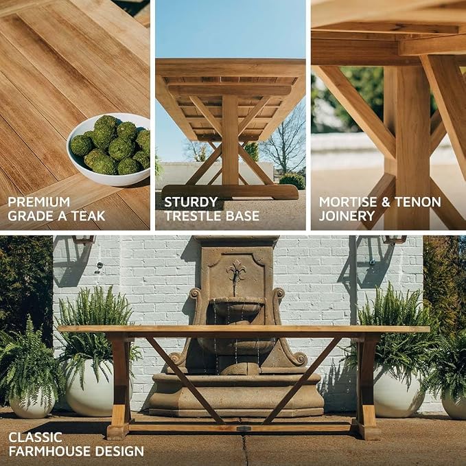 TITAN GREAT OUTDOORS Ash & Ember Savannah Grade A Teak 92.5" Farmhouse Dining Table, Weather Resistant Wood for Garden, Backyard, Patio Indoor Outdoor Patio Furniture, Solid Brass Hardware