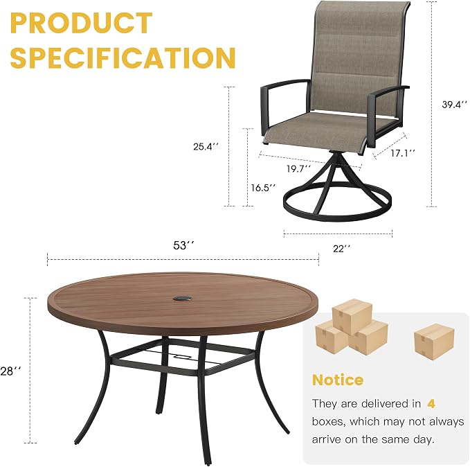 VICLLAX 7 Pieces Patio Dining Set for 6-Outdoor Furniture Includes 53" Round Outdoor Table and Swivel Padded Chairs, Walnut Tabletop and Mixed Brown Fabric