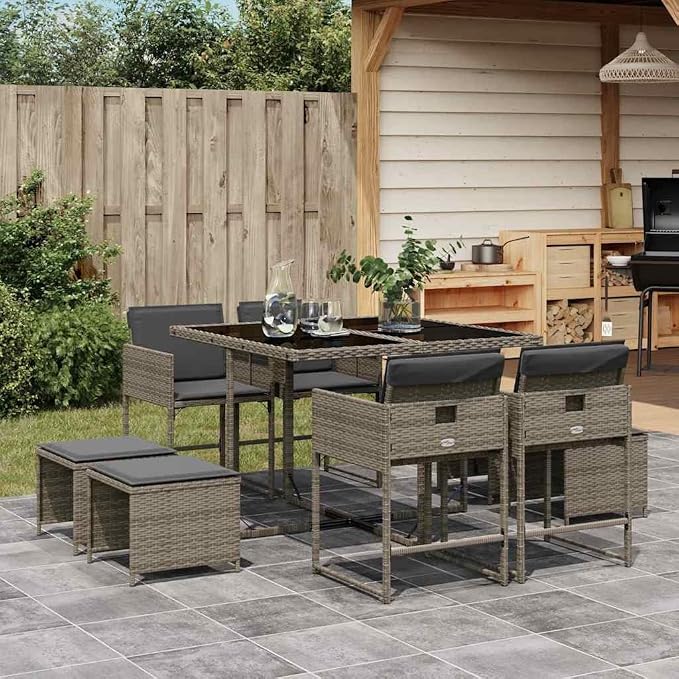 9-Piece Outdoor Dining Set, 8-Seater Patio Furniture, Foldable PE Rattan Chairs and Table, Grey Garden Seating for Backyard Deck