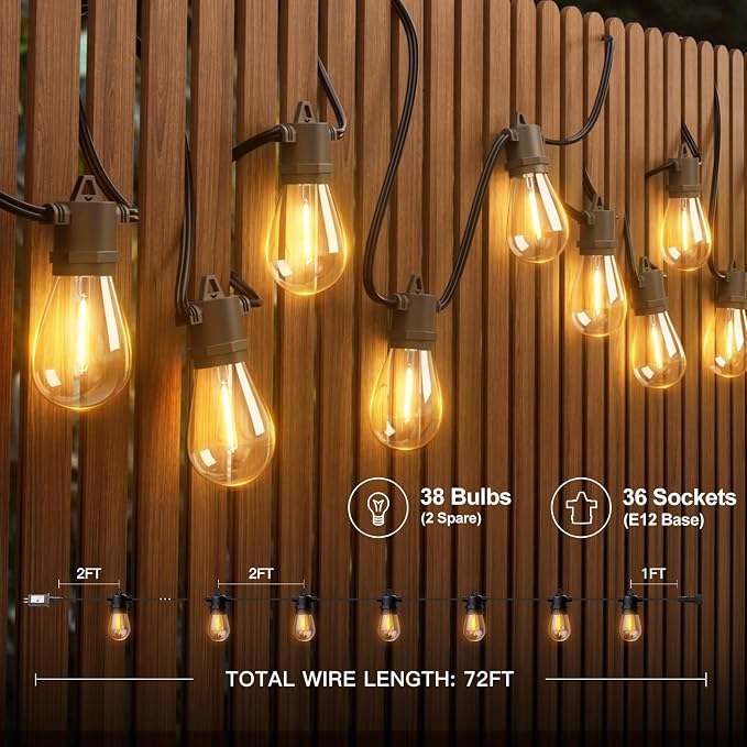addlon 72FT Outdoor String Lights with 36 Dimmable Edison Bulbs for Patio | UL Listed, Remote Control. Waterproof Shatterproof Bulbs, Timer, Linkable, 2700K Warm White. Backyard, Pergola, 2-Pack*36FT.
