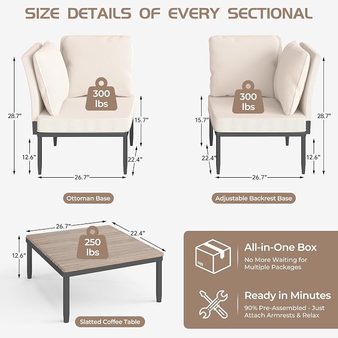 5 in 1 Modular Patio Furniture Set, 3 Piece Aluminum Convertible Outdoor Sectional to Loveseat, Tanning Chair, All-Weather Seating for Balcony, Apartment, Beige