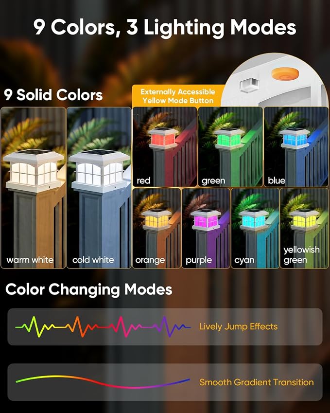 RGBCW Solar Post Cap Lights 12-Pack, 9 Colors 3 Modes Fence Cap Lights, Bright Solar Outdoor Waterproof LED Deck Lighting for Fence Garden Deck Patio Porch Decor 4x4 Vinyl/Wood, White