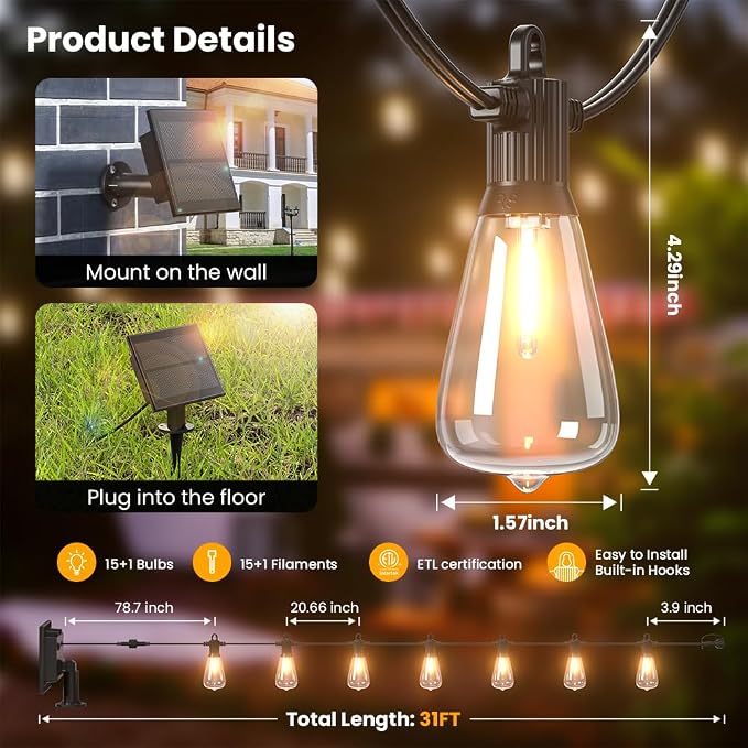 31FT Solar String Lights Outdoor Waterproof IP65 with USB-Charging , Solar Powered LED Patio Lights with 15+1 Shatterproof ST38 Edison Bulbs, Hanging Lights for Outside Backyard Garden Bistro Gazebo