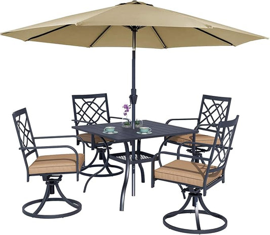 Crownland 5 Piece Patio Dining Set, 4 Swivel Metal Chairs and Square Outdoor Dining Table with Khaki 9FT Round Outdoor Umbrella (Metal Tabletop)