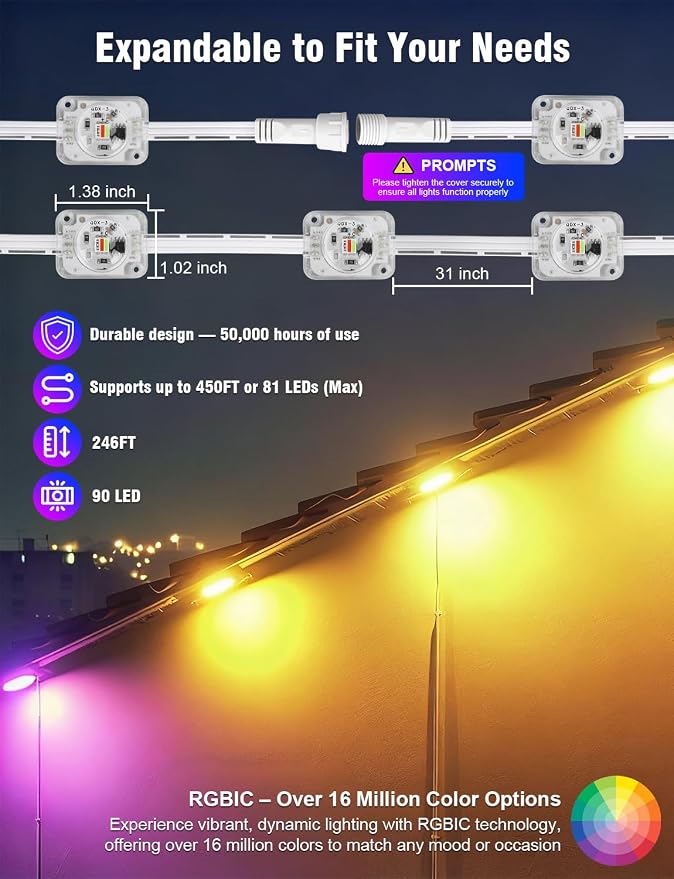 Permanent Outdoor Lights 250FT RGBIC LED Smart LED Lights, App/Remote Control IP68 Waterproof for Holiday Decor, 50 Scene Modes, DIY Lights Color Lighting Timing for Christmas Halloween Party