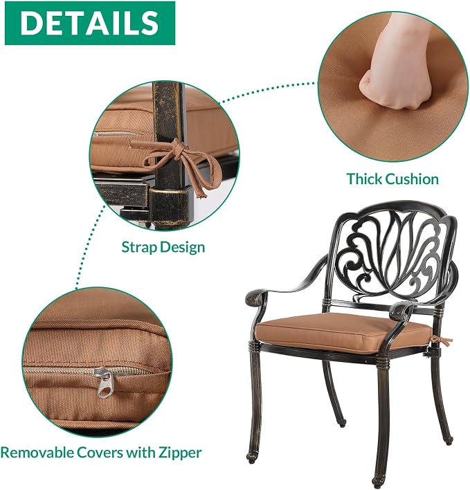 VIVIJASON 3-Piece Outdoor Cast Aluminum Patio Bistro Set, Patio Furniture Dining Set Include 2 Cushioned Chairs and 35.4" Round Table w/Umbrella Hole for Balcony, Garden, Tan Cushion