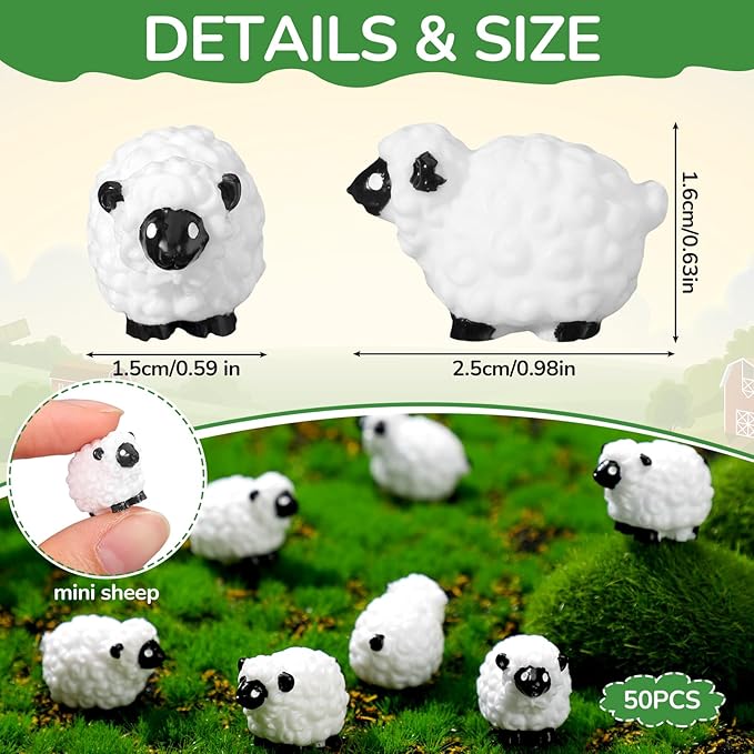 Suzile 50 Pcs Mini Sheep Figurine Miniature Resin Sheep Figurine White Lamb Figure Cute Animal Statue Landscape Little Decor for Spring Summer Outdoor Garden DIY Ornament Cake Topper(Classic Style)