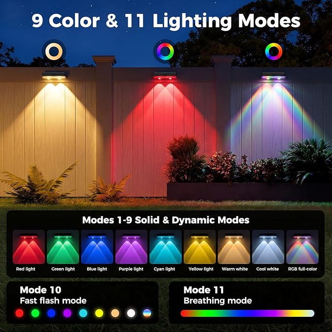 kolpop Solar Fence Lights Outdoor,11 Modes&9 Colors RGB/Cold/Warm White Fence Lights Solar Powered,IP65 Waterproof, 60LM LED Color Changing Solar Lights for Backyard,Wall,Deck,Party,Decor 16 Pack