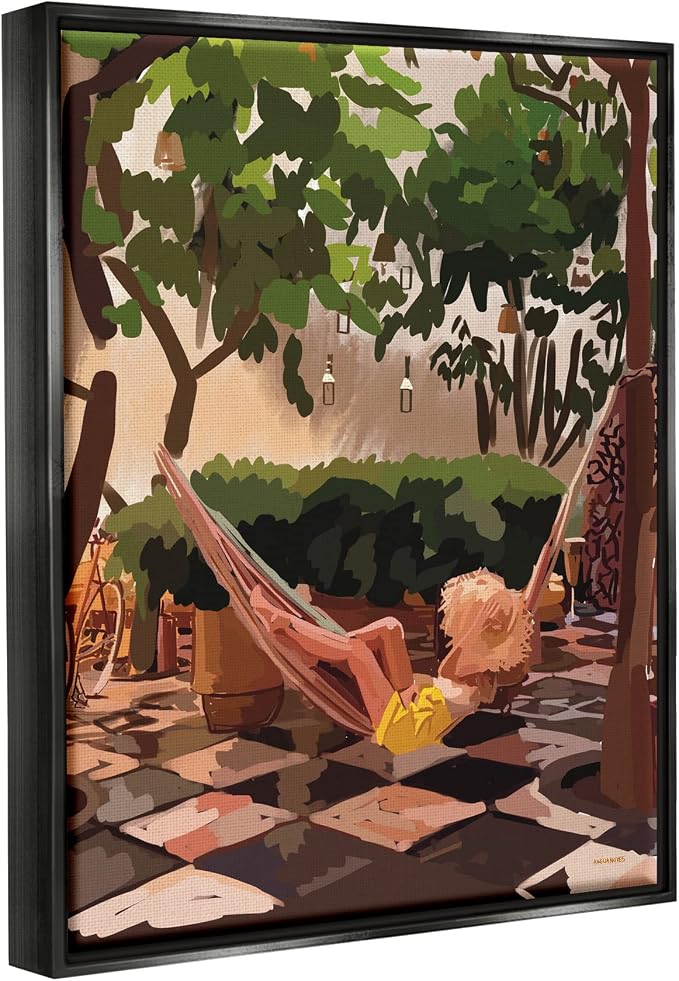 'Woman Lounging Hammock Tropical Summer'| Floating Frame Canvas Art | Stupell Industries | Black, 17 x 21 Inches, Easy to Hang and Sturdy, Made in USA, by Amelia Noyes