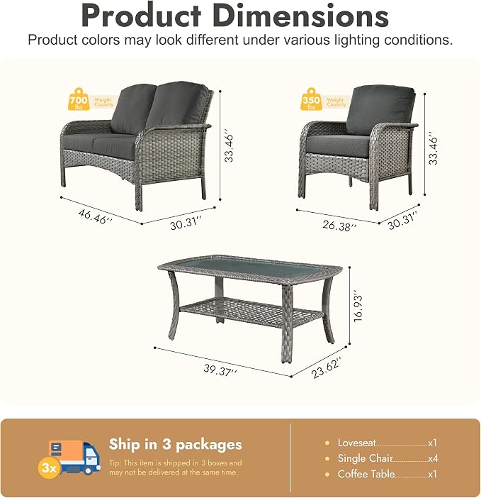 6 Pieces Patio Furniture Set, All-Weather Rattan Wicker Outdoor Furniture Loveseat Chairs with Coffee Table, High Back Conversation Set for Porch, Backyard, Balcony, Black